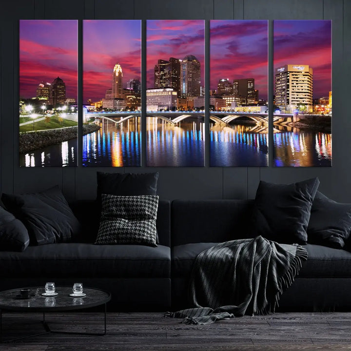 Pink and Purple Columbus Sunset Skyline Large Wall Art Canvas Print