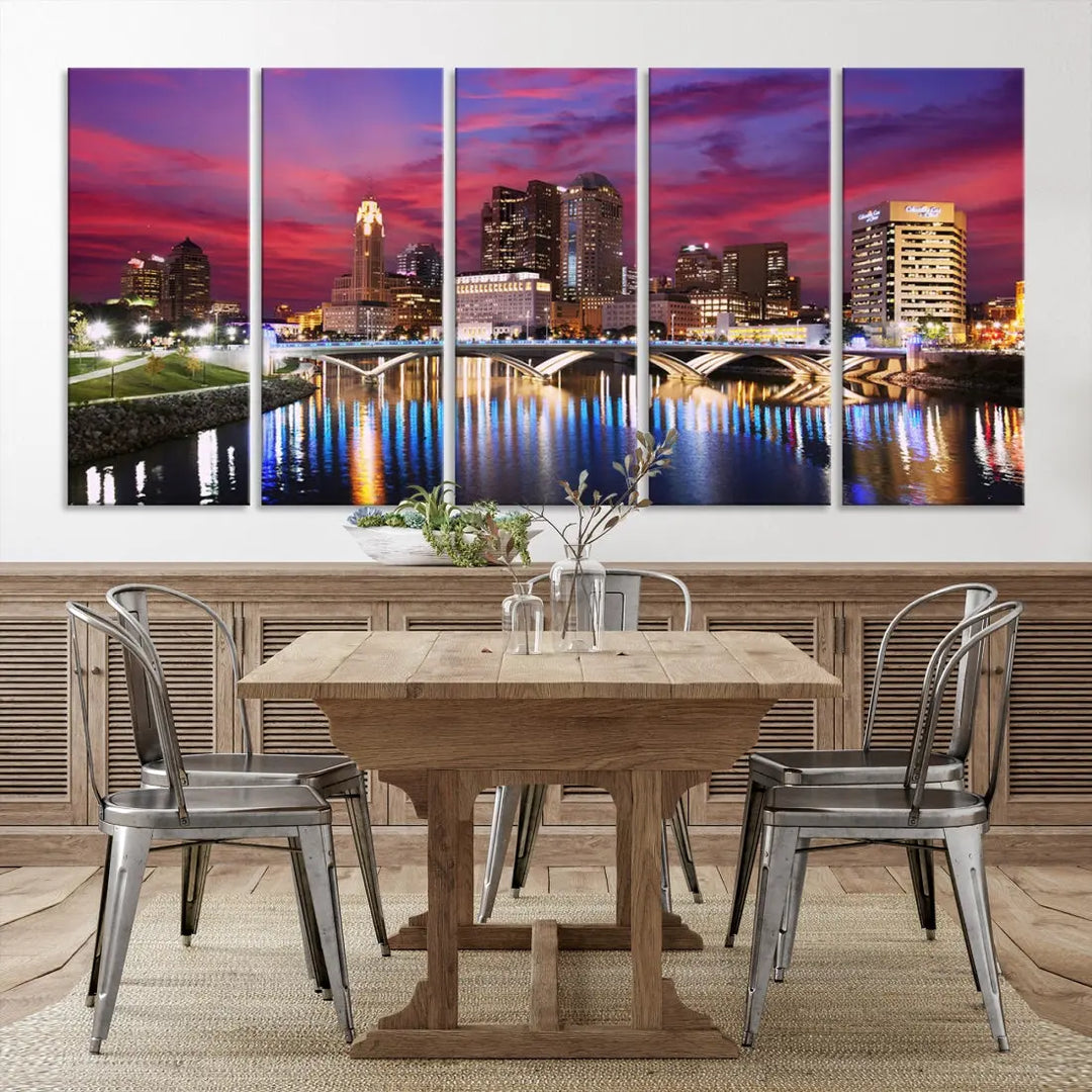 Pink and Purple Columbus Sunset Skyline Large Wall Art Canvas Print