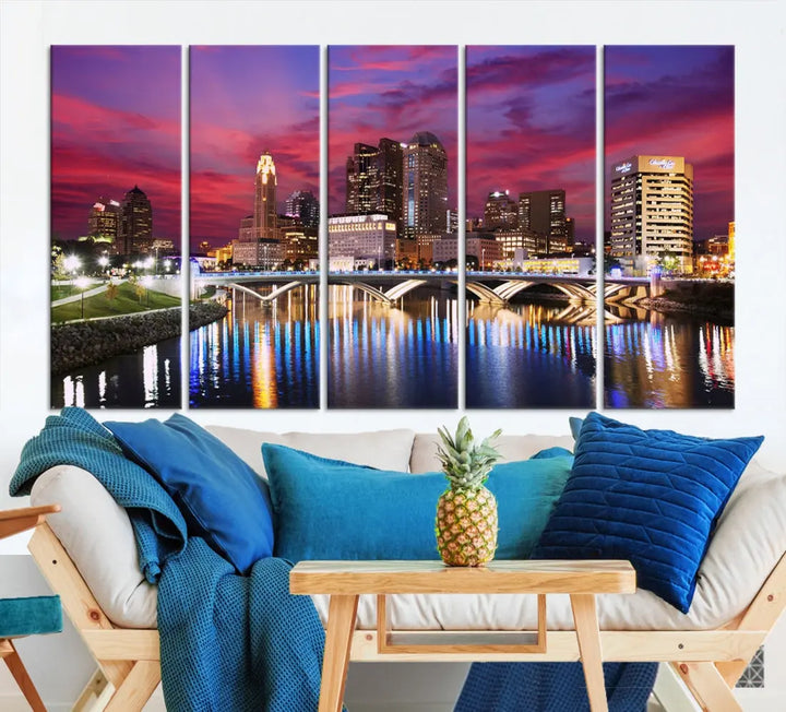 Pink and Purple Columbus Sunset Skyline Large Wall Art Canvas Print