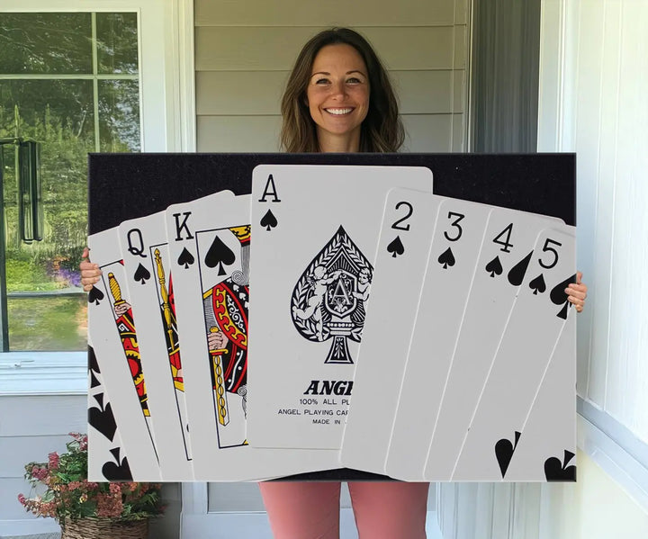 Playing Cards Canvas Wall Art Print - Ace of Spades and Royal Flush Design, Perfect for Game Room Decor and Card Enthusiasts