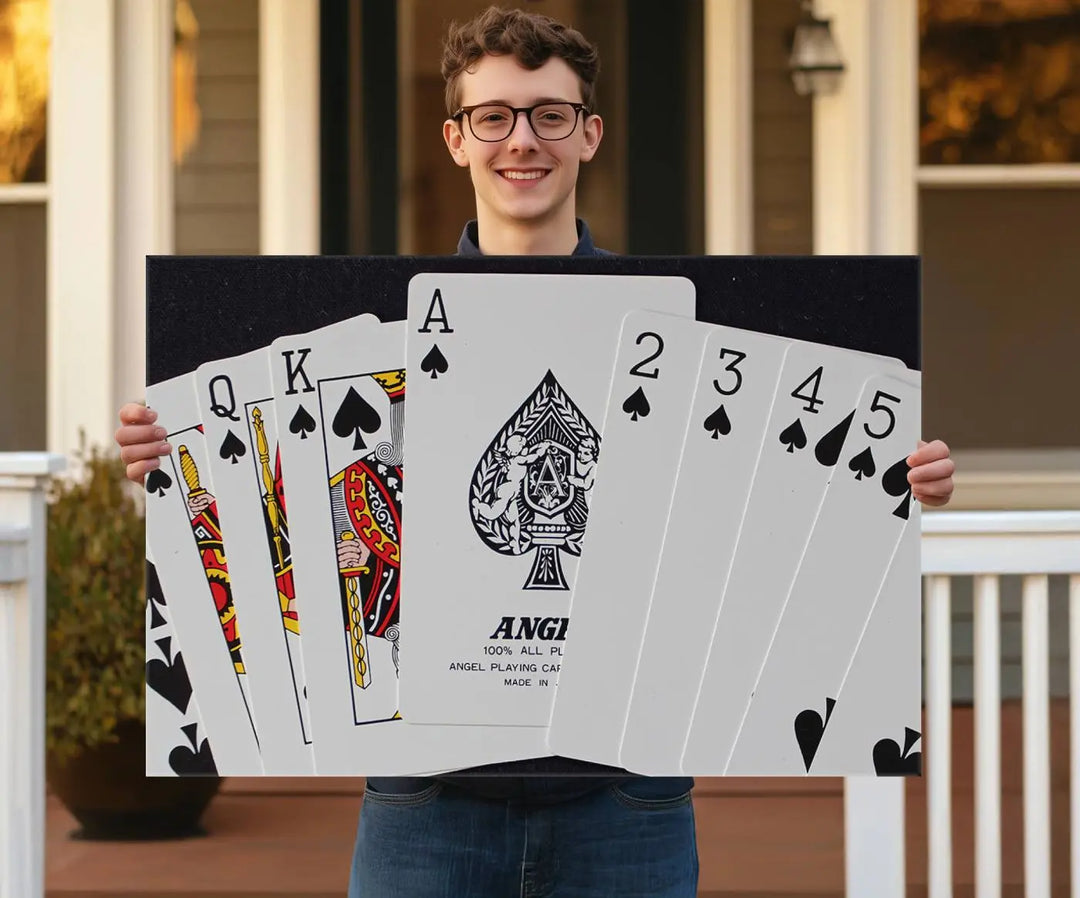 Playing Cards Canvas Wall Art Print - Ace of Spades and Royal Flush Design, Perfect for Game Room Decor and Card Enthusiasts