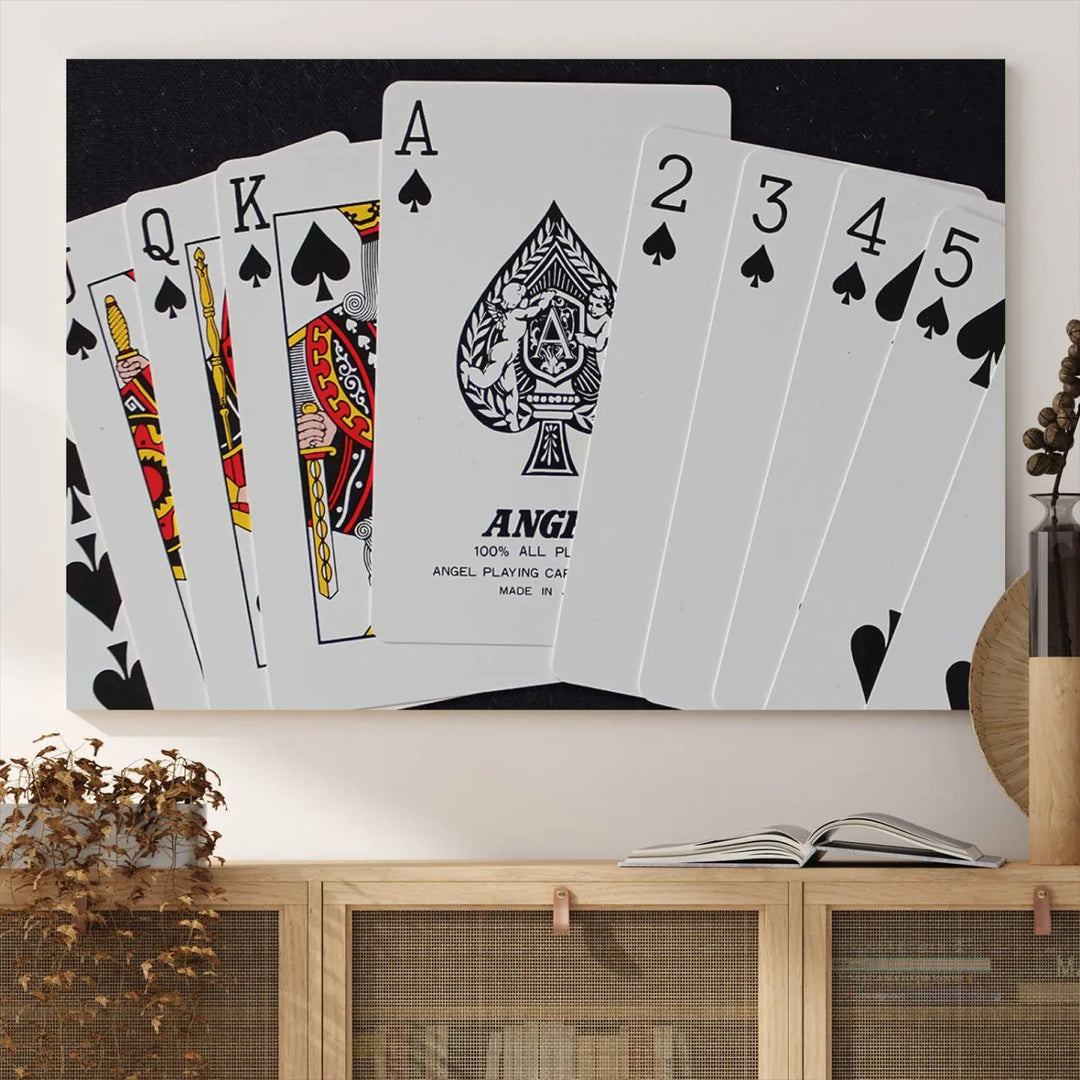 Playing Cards Canvas Wall Art Print - Ace of Spades and Royal Flush Design, Perfect for Game Room Decor and Card Enthusiasts