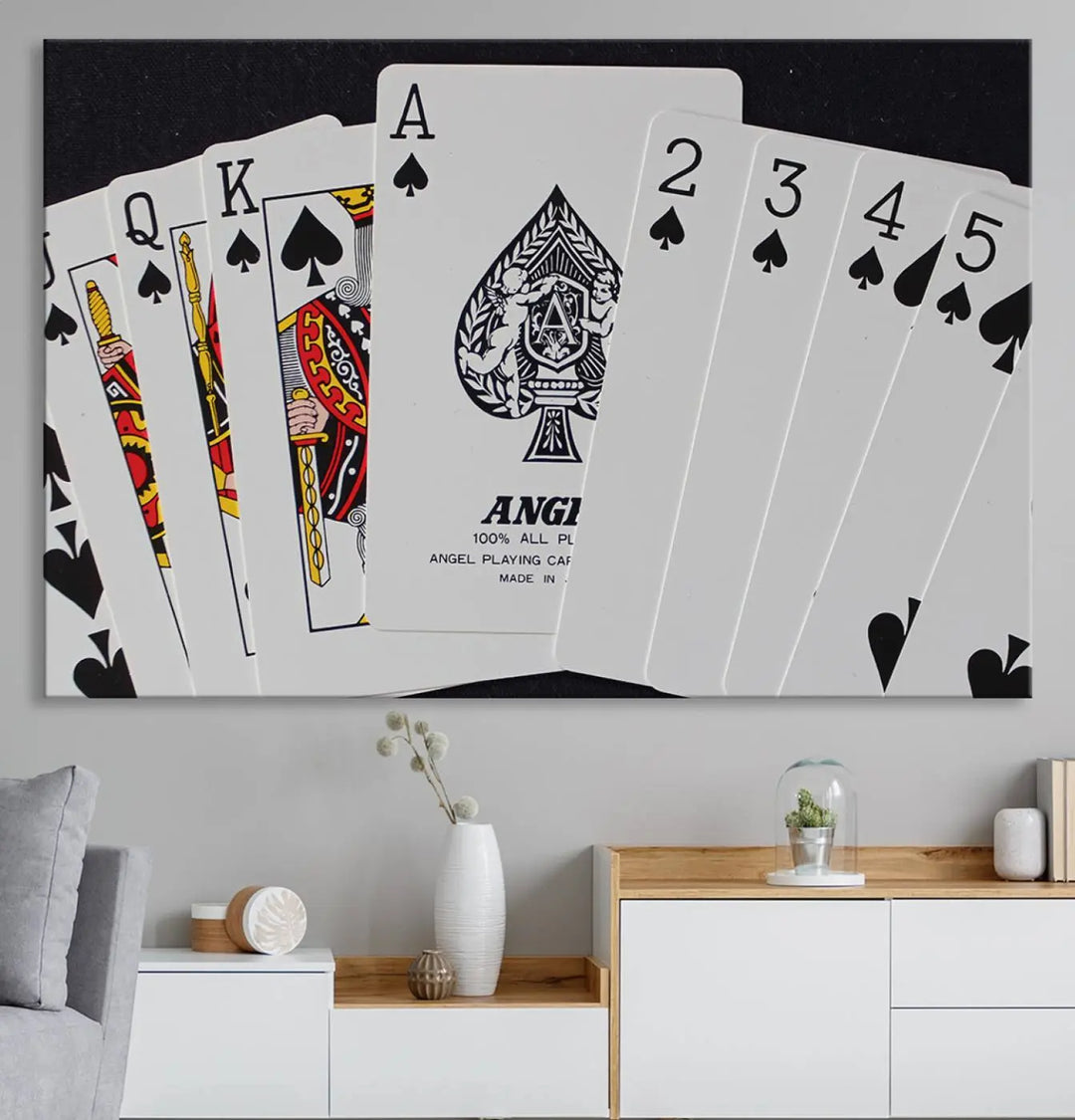 Playing Cards Canvas Wall Art Print - Ace of Spades and Royal Flush Design, Perfect for Game Room Decor and Card Enthusiasts