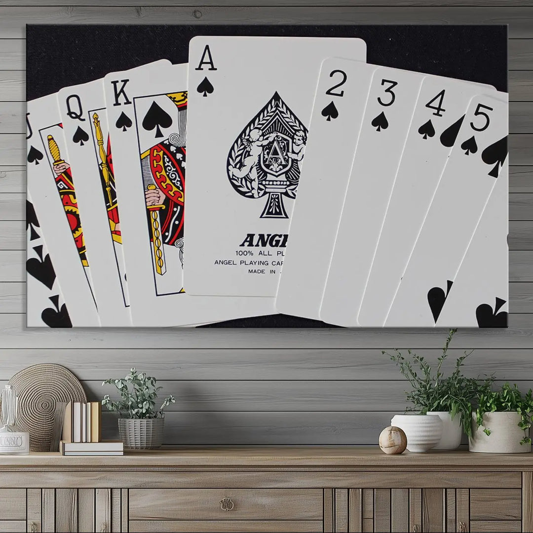 Playing Cards Canvas Wall Art Print - Ace of Spades and Royal Flush Design, Perfect for Game Room Decor and Card Enthusiasts