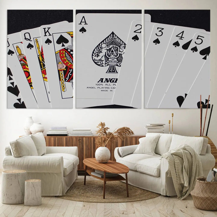 Playing Cards Canvas Wall Art Print - Ace of Spades and Royal Flush Design, Perfect for Game Room Decor and Card Enthusiasts