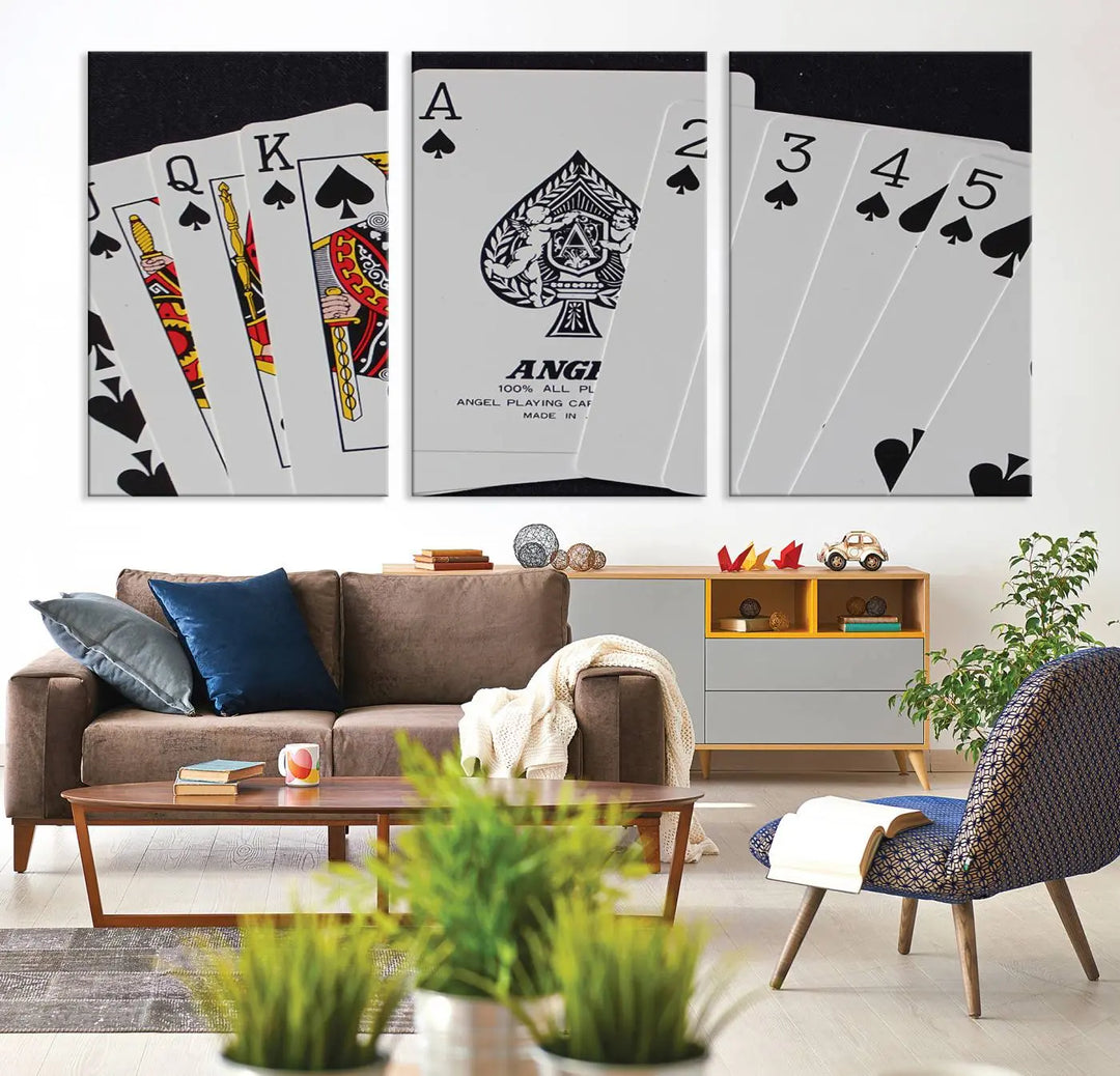 Playing Cards Canvas Wall Art Print - Ace of Spades and Royal Flush Design, Perfect for Game Room Decor and Card Enthusiasts