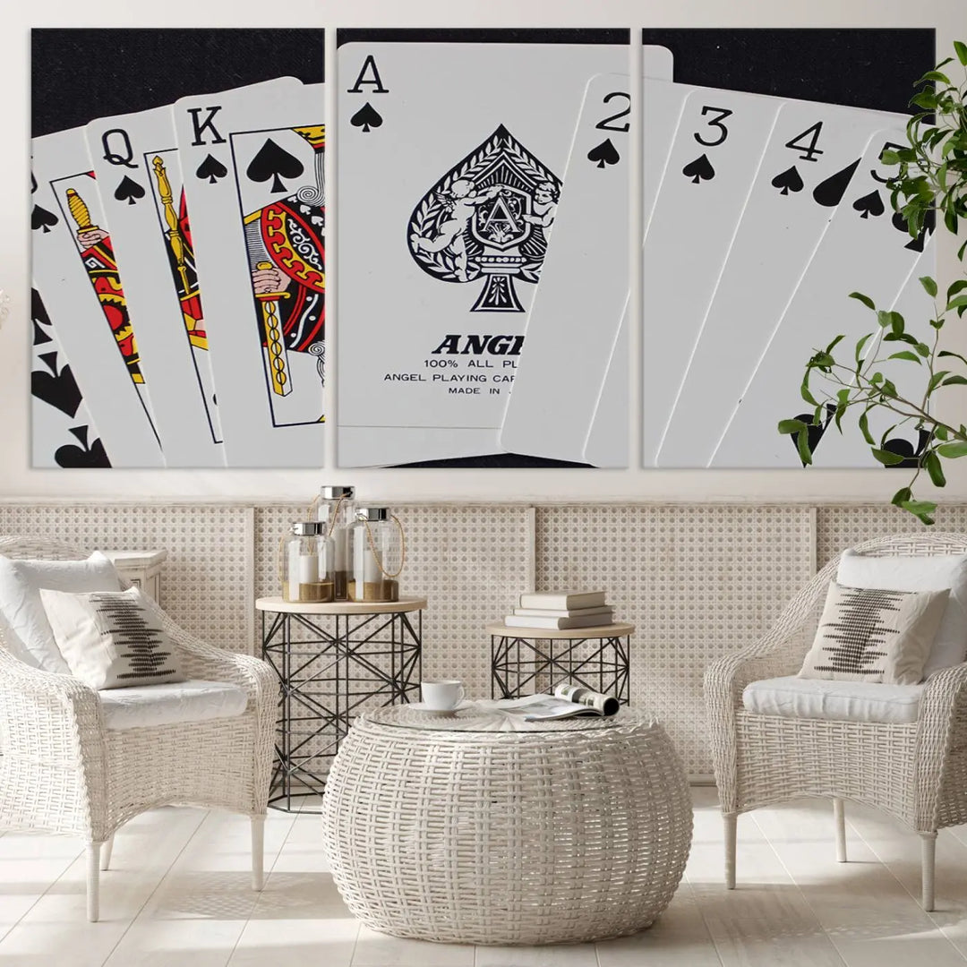 Playing Cards Canvas Wall Art Print - Ace of Spades and Royal Flush Design, Perfect for Game Room Decor and Card Enthusiasts