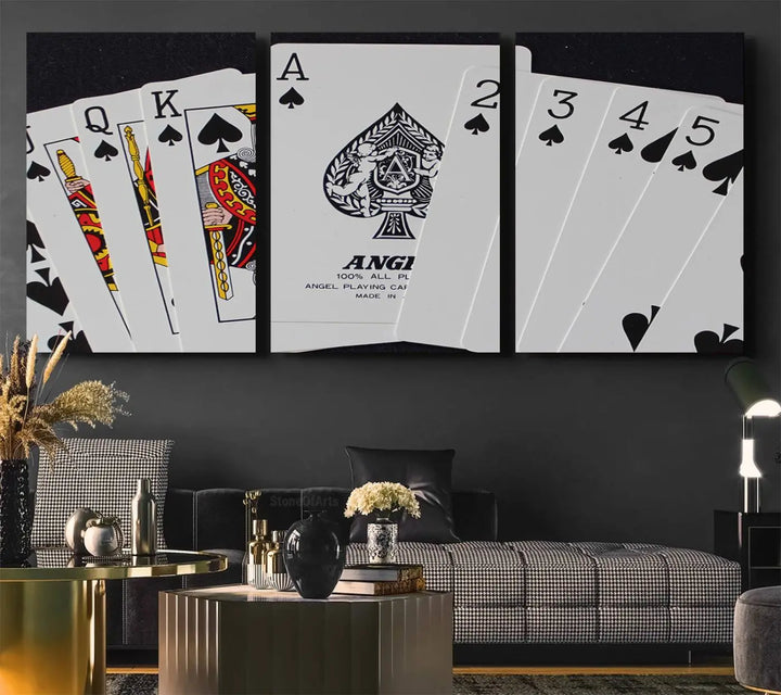 Playing Cards Canvas Wall Art Print - Ace of Spades and Royal Flush Design, Perfect for Game Room Decor and Card Enthusiasts