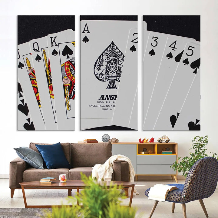 Playing Cards Canvas Wall Art Print - Ace of Spades and Royal Flush Design, Perfect for Game Room Decor and Card Enthusiasts