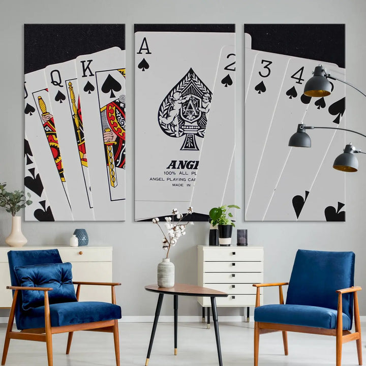 Playing Cards Canvas Wall Art Print - Ace of Spades and Royal Flush Design, Perfect for Game Room Decor and Card Enthusiasts