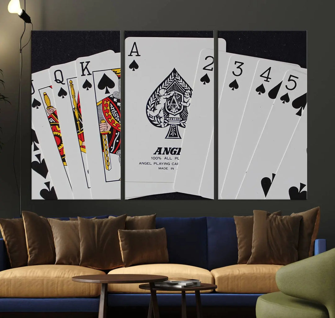 Playing Cards Canvas Wall Art Print - Ace of Spades and Royal Flush Design, Perfect for Game Room Decor and Card Enthusiasts