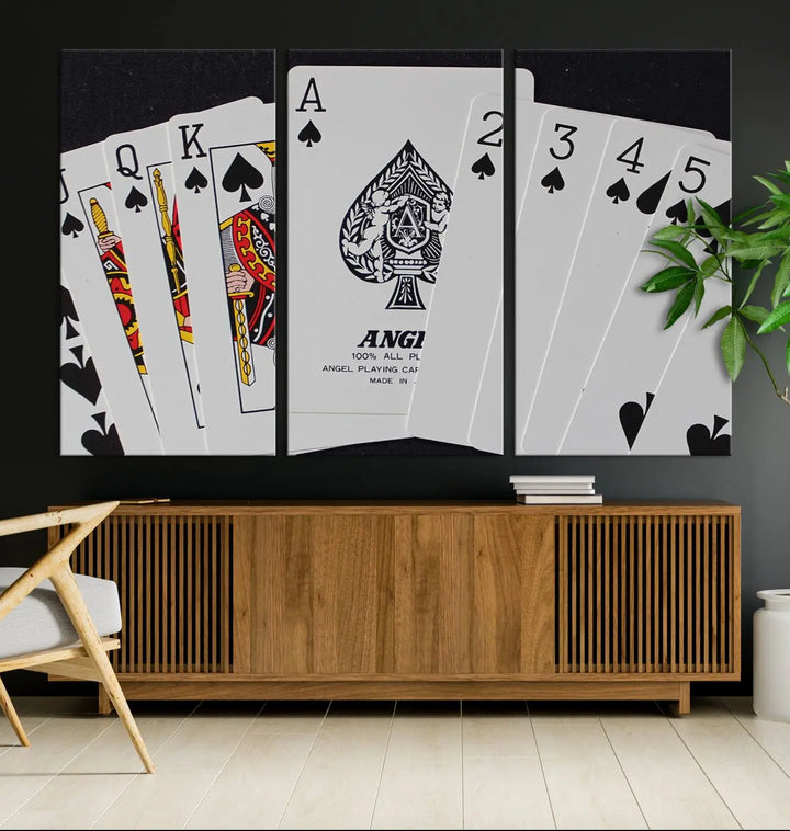 Playing Cards Canvas Wall Art Print - Ace of Spades and Royal Flush Design, Perfect for Game Room Decor and Card Enthusiasts