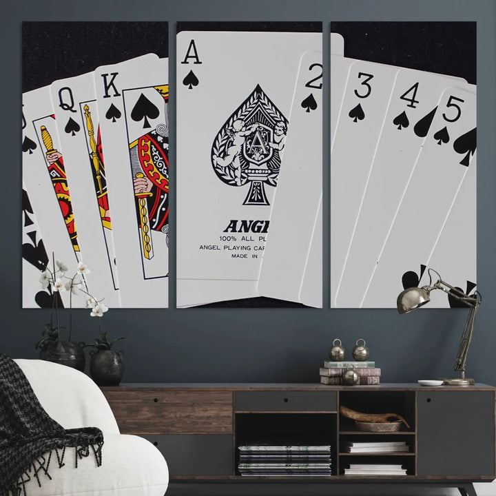 Playing Cards Canvas Wall Art Print - Ace of Spades and Royal Flush Design, Perfect for Game Room Decor and Card Enthusiasts