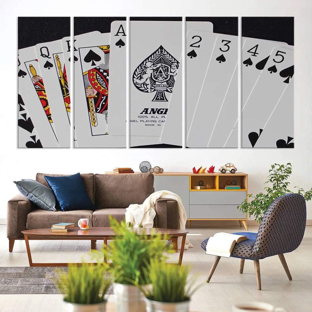 Playing Cards Canvas Wall Art Print - Ace of Spades and Royal Flush Design, Perfect for Game Room Decor and Card Enthusiasts