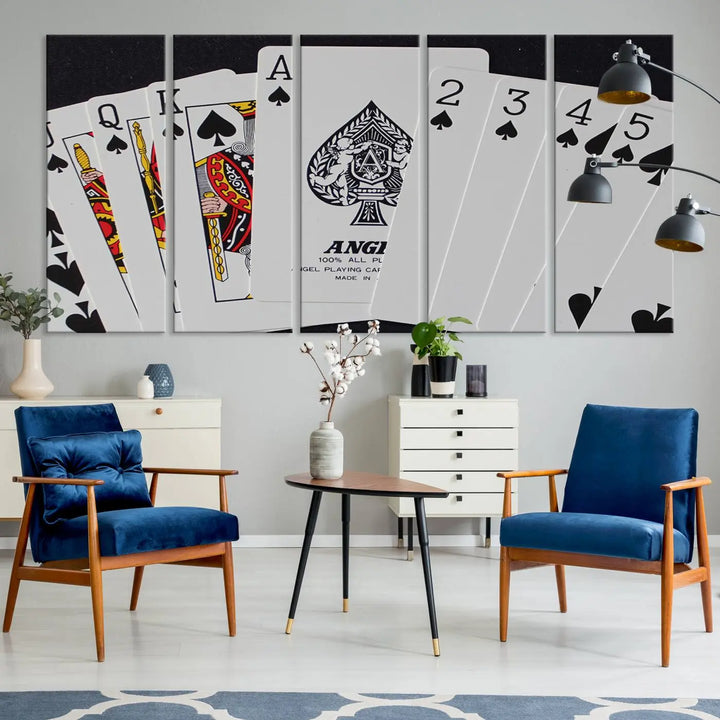 Playing Cards Canvas Wall Art Print - Ace of Spades and Royal Flush Design, Perfect for Game Room Decor and Card Enthusiasts