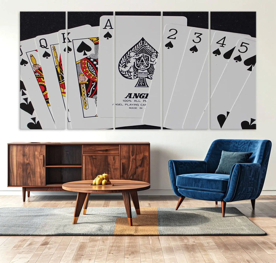 Playing Cards Canvas Wall Art Print - Ace of Spades and Royal Flush Design, Perfect for Game Room Decor and Card Enthusiasts