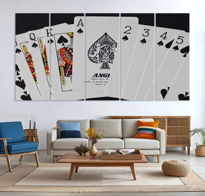 Playing Cards Canvas Wall Art Print - Ace of Spades and Royal Flush Design, Perfect for Game Room Decor and Card Enthusiasts