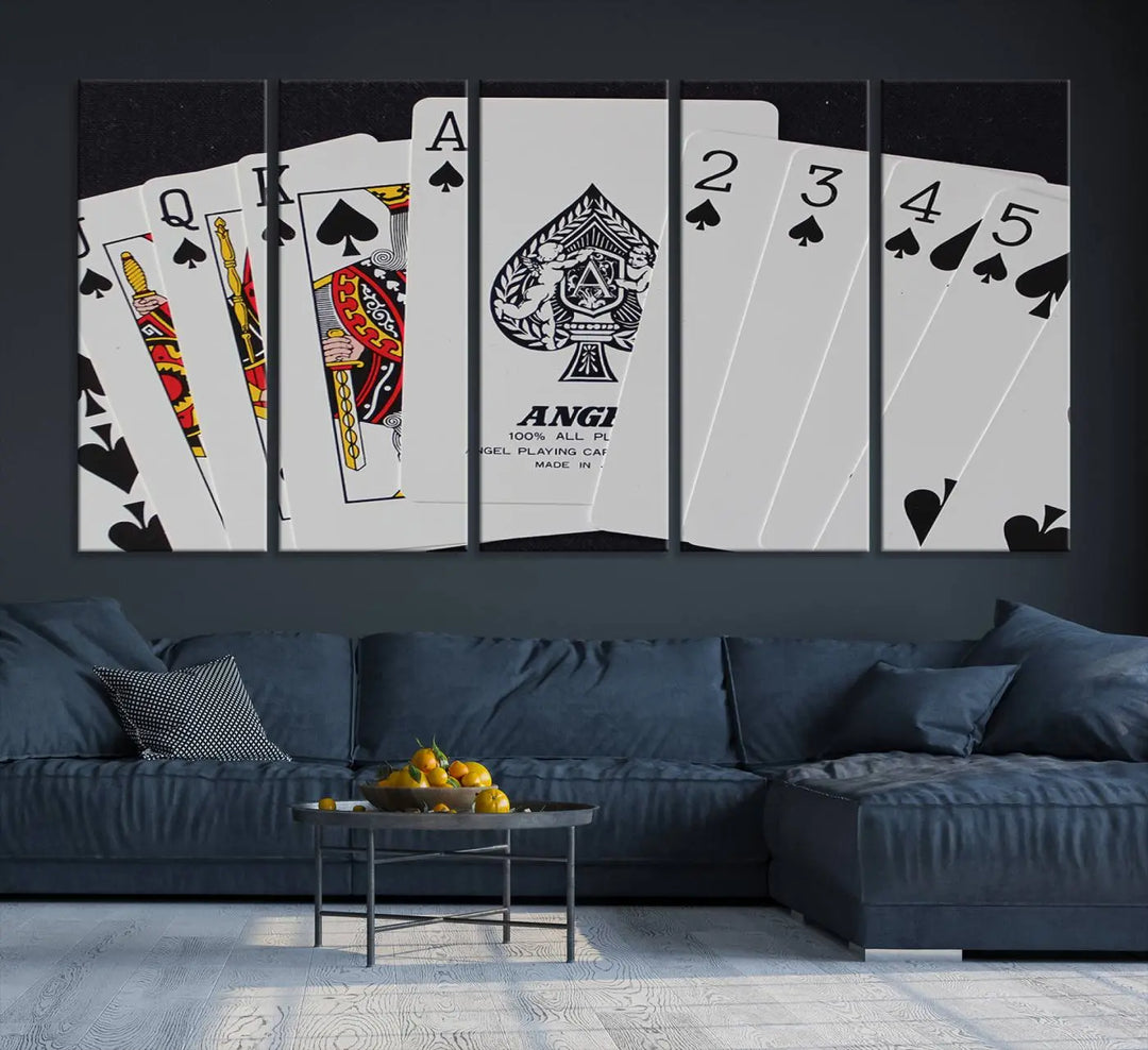 Playing Cards Canvas Wall Art Print - Ace of Spades and Royal Flush Design, Perfect for Game Room Decor and Card Enthusiasts