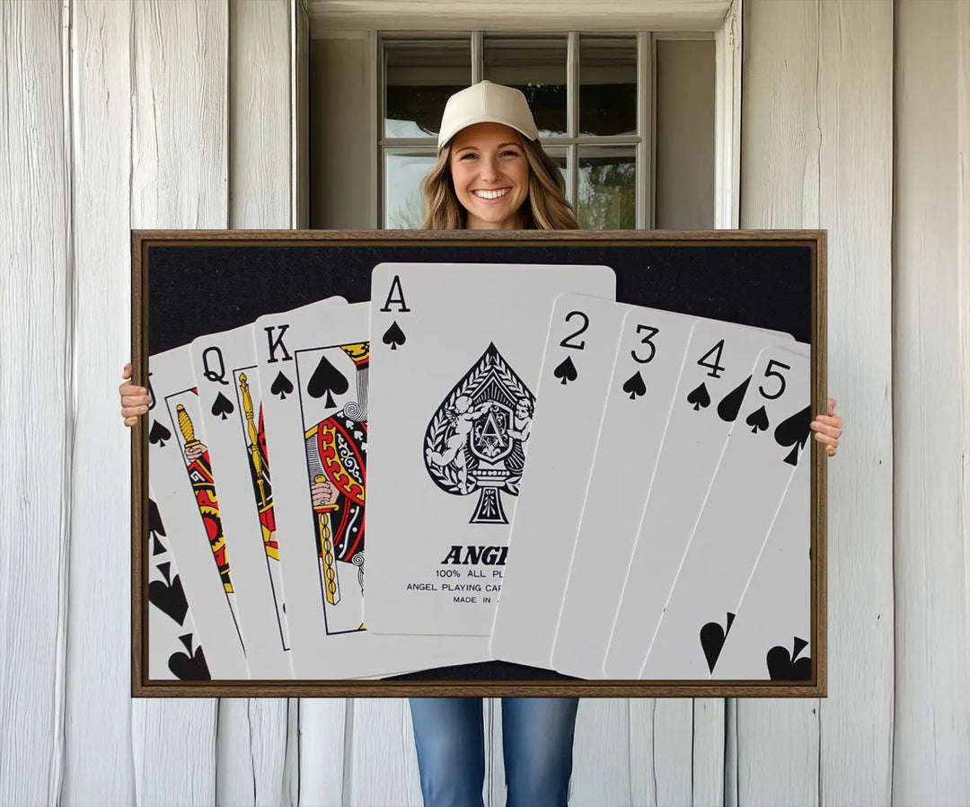 Playing Cards Canvas Wall Art Print - Ace of Spades and Royal Flush Design, Perfect for Game Room Decor and Card Enthusiasts