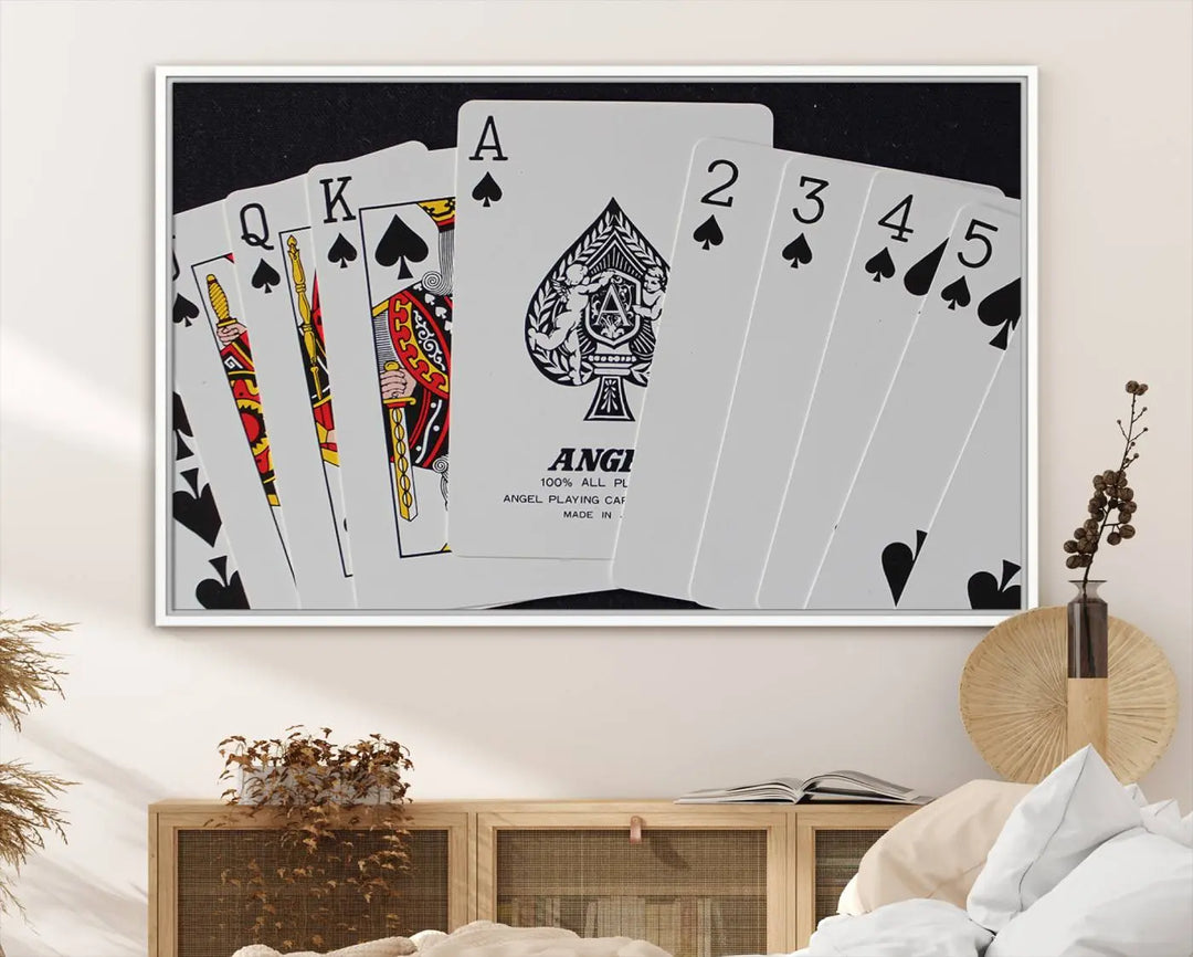 Playing Cards Canvas Wall Art Print - Ace of Spades and Royal Flush Design, Perfect for Game Room Decor and Card Enthusiasts