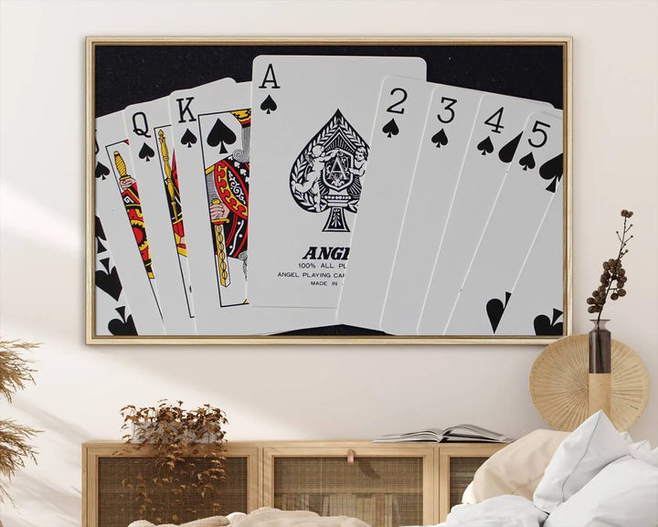 Playing Cards Canvas Wall Art Print - Ace of Spades and Royal Flush Design, Perfect for Game Room Decor and Card Enthusiasts