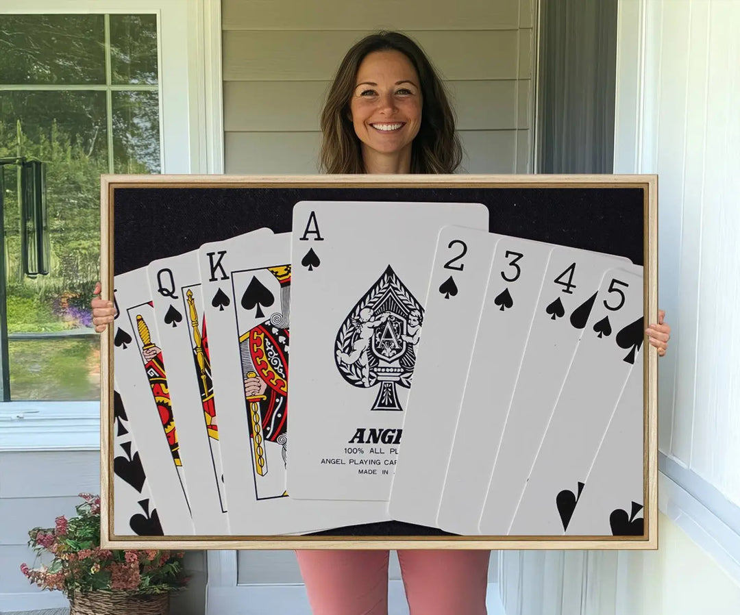 Playing Cards Canvas Wall Art Print - Ace of Spades and Royal Flush Design, Perfect for Game Room Decor and Card Enthusiasts