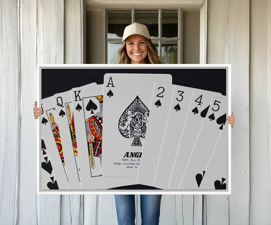 Playing Cards Canvas Wall Art Print - Ace of Spades and Royal Flush Design, Perfect for Game Room Decor and Card Enthusiasts