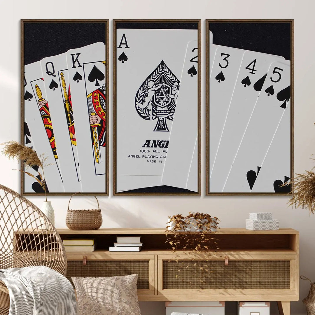 Playing Cards Canvas Wall Art Print - Ace of Spades and Royal Flush Design, Perfect for Game Room Decor and Card Enthusiasts