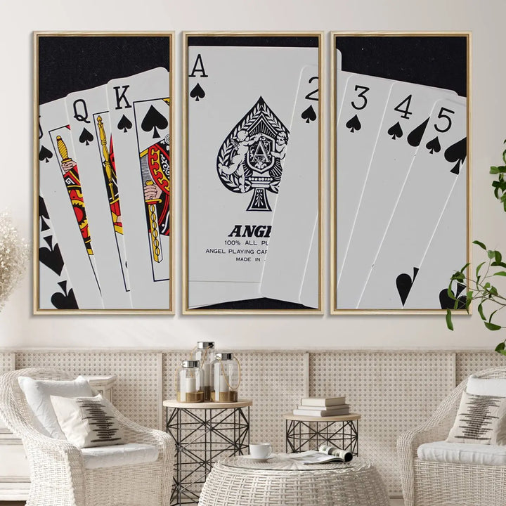 Playing Cards Canvas Wall Art Print - Ace of Spades and Royal Flush Design, Perfect for Game Room Decor and Card Enthusiasts