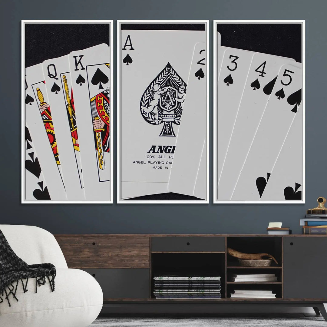 Playing Cards Canvas Wall Art Print - Ace of Spades and Royal Flush Design, Perfect for Game Room Decor and Card Enthusiasts