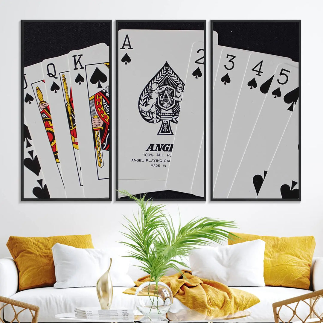 Playing Cards Canvas Wall Art Print - Ace of Spades and Royal Flush Design, Perfect for Game Room Decor and Card Enthusiasts