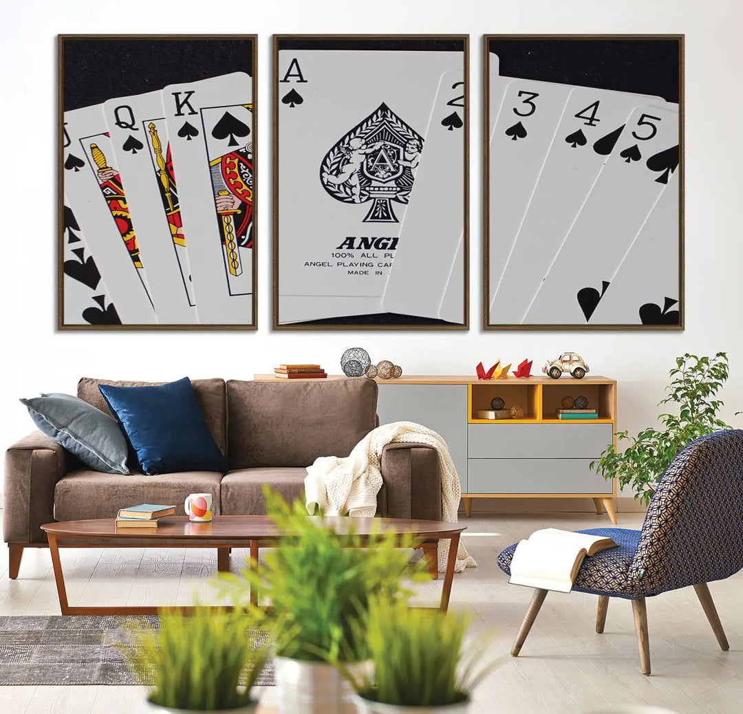 Playing Cards Canvas Wall Art Print - Ace of Spades and Royal Flush Design, Perfect for Game Room Decor and Card Enthusiasts