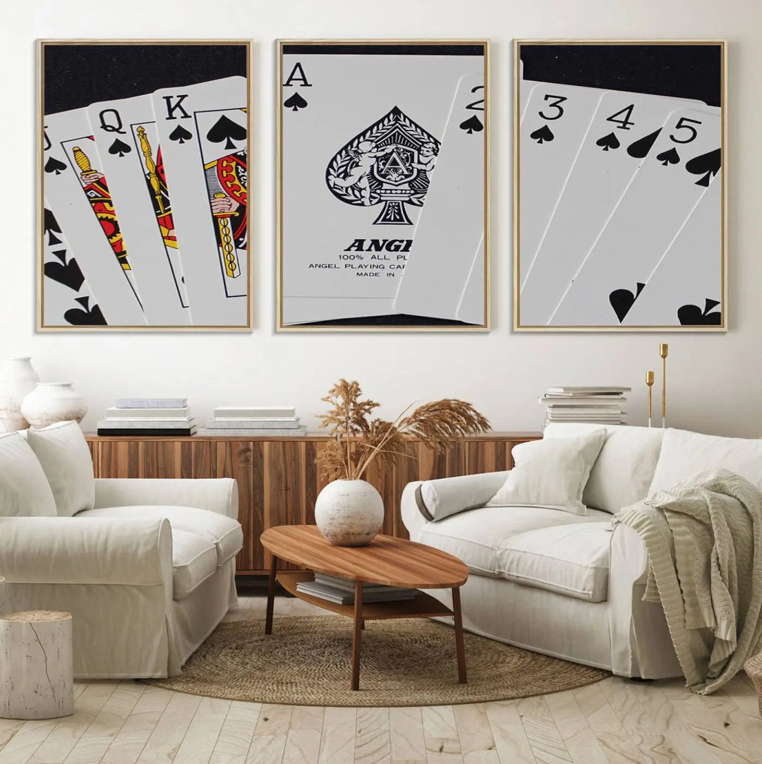 Playing Cards Canvas Wall Art Print - Ace of Spades and Royal Flush Design, Perfect for Game Room Decor and Card Enthusiasts