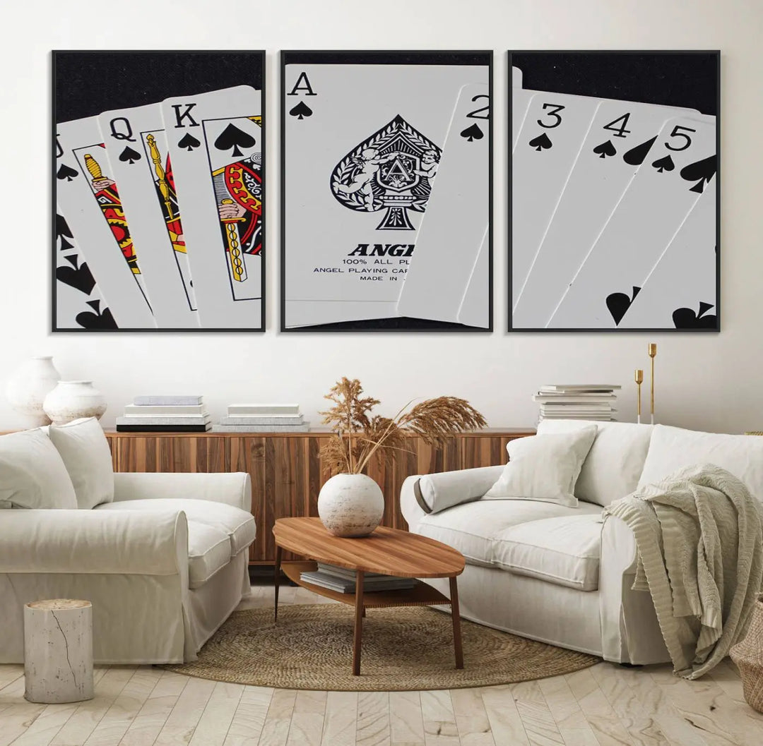 Playing Cards Canvas Wall Art Print - Ace of Spades and Royal Flush Design, Perfect for Game Room Decor and Card Enthusiasts