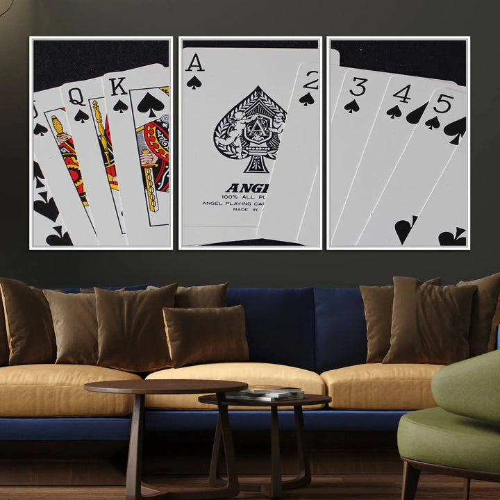 Playing Cards Canvas Wall Art Print - Ace of Spades and Royal Flush Design, Perfect for Game Room Decor and Card Enthusiasts