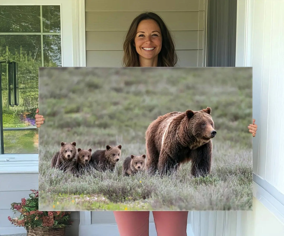 Queen of the Tetons, 399 Grizzly Bear Cubs Canvas Wall Art Print, Majestic Wildlife Photography Canvas Print of Grizzly 399 for Rustic Decor