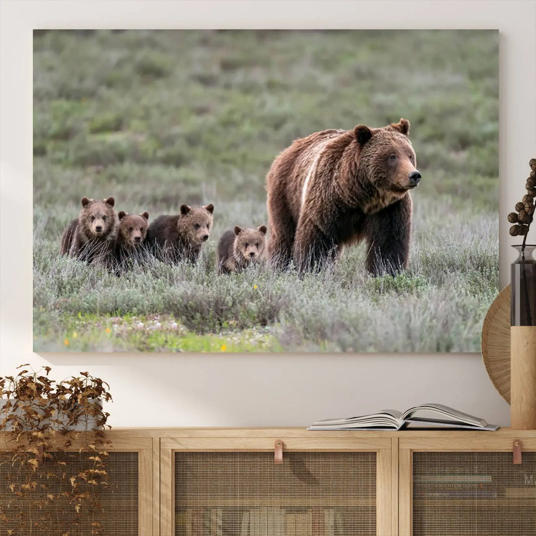 Queen of the Tetons, 399 Grizzly Bear Cubs Canvas Wall Art Print, Majestic Wildlife Photography Canvas Print of Grizzly 399 for Rustic Decor