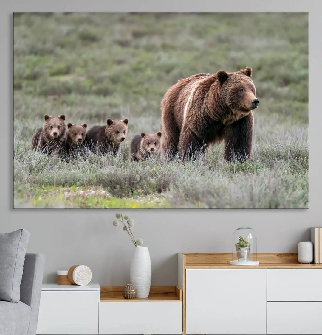 Queen of the Tetons, 399 Grizzly Bear Cubs Canvas Wall Art Print, Majestic Wildlife Photography Canvas Print of Grizzly 399 for Rustic Decor