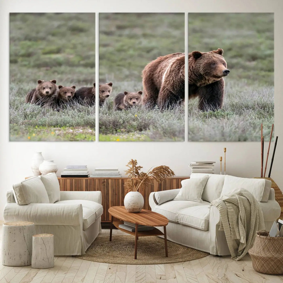 Queen of the Tetons, 399 Grizzly Bear Cubs Canvas Wall Art Print, Majestic Wildlife Photography Canvas Print of Grizzly 399 for Rustic Decor