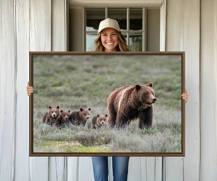 Queen of the Tetons, 399 Grizzly Bear Cubs Canvas Wall Art Print, Majestic Wildlife Photography Canvas Print of Grizzly 399 for Rustic Decor