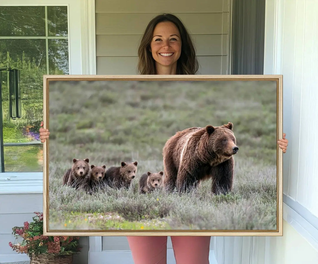 Queen of the Tetons, 399 Grizzly Bear Cubs Canvas Wall Art Print, Majestic Wildlife Photography Canvas Print of Grizzly 399 for Rustic Decor