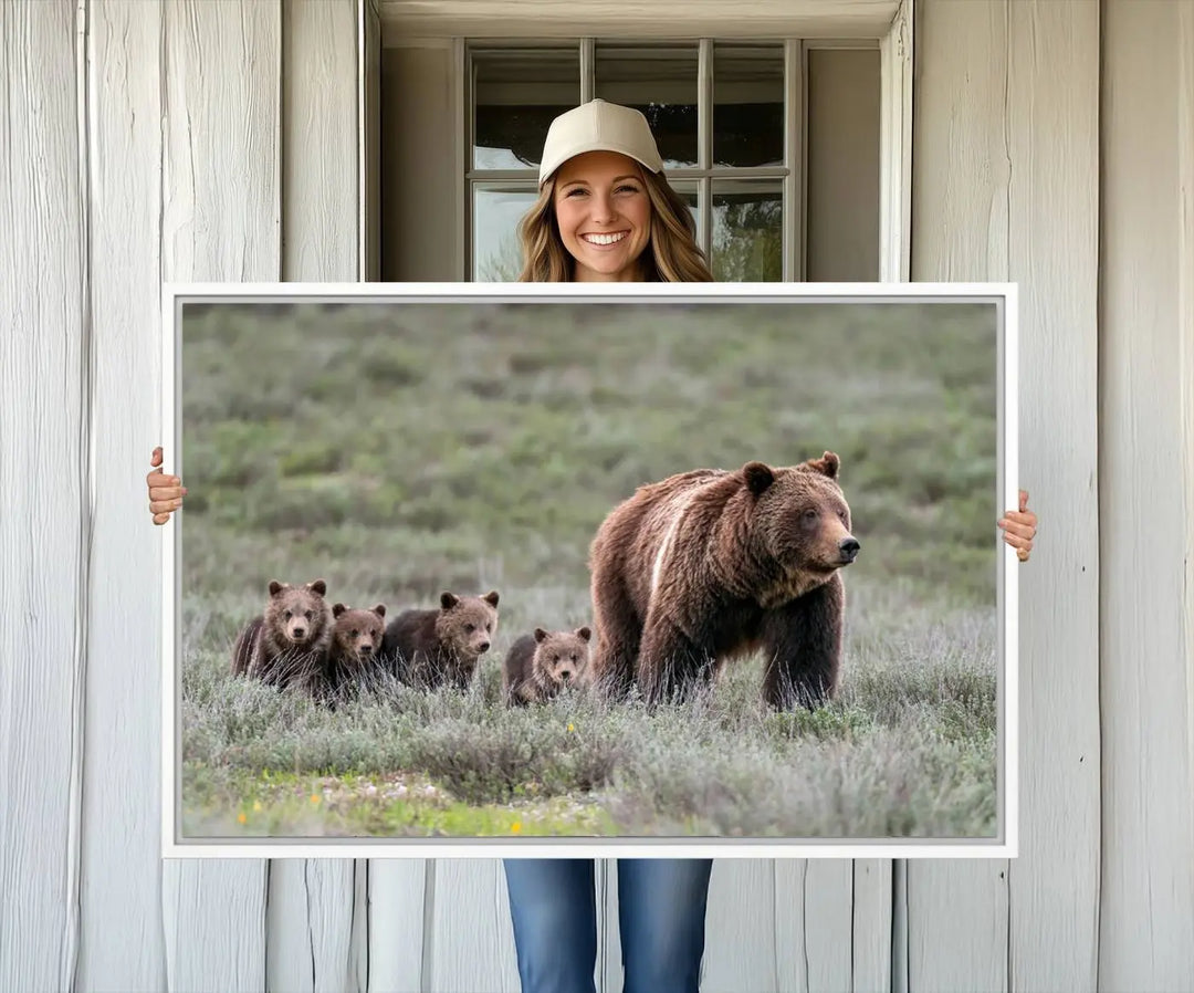 Queen of the Tetons, 399 Grizzly Bear Cubs Canvas Wall Art Print, Majestic Wildlife Photography Canvas Print of Grizzly 399 for Rustic Decor