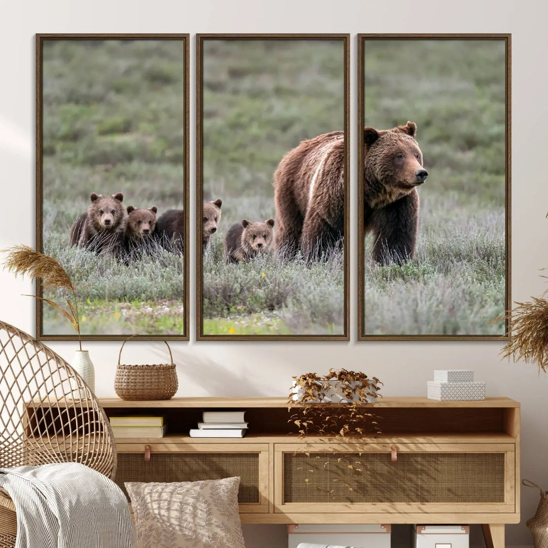 Queen of the Tetons, 399 Grizzly Bear Cubs Canvas Wall Art Print, Majestic Wildlife Photography Canvas Print of Grizzly 399 for Rustic Decor