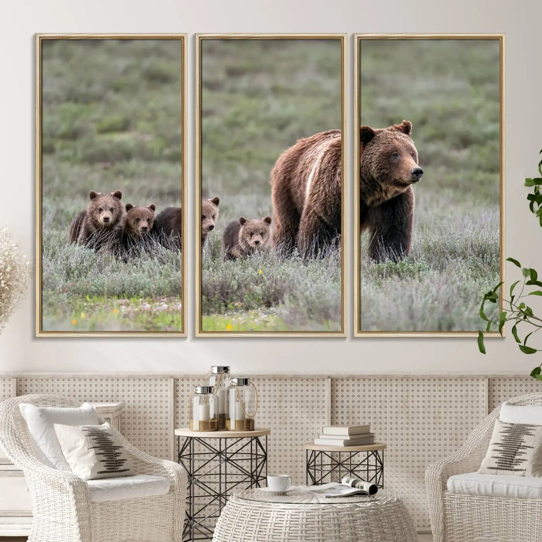 Queen of the Tetons, 399 Grizzly Bear Cubs Canvas Wall Art Print, Majestic Wildlife Photography Canvas Print of Grizzly 399 for Rustic Decor