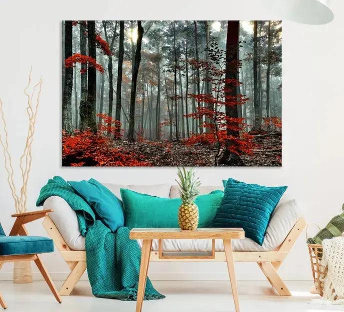 Red Autumn Forest Maple Trees Canvas Wall Art Print