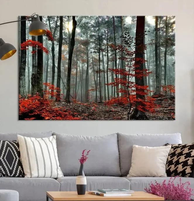 Red Autumn Forest Maple Trees Canvas Wall Art Print