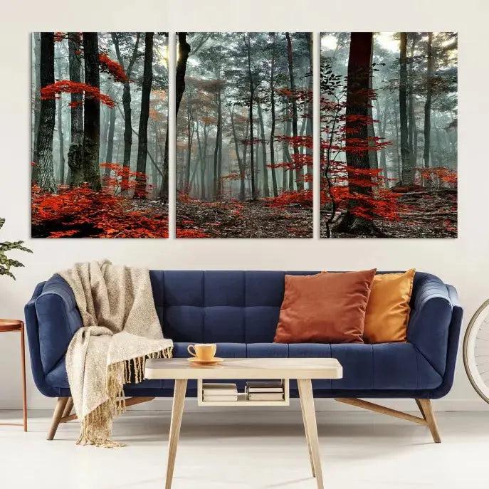 Red Autumn Forest Maple Trees Canvas Wall Art Print