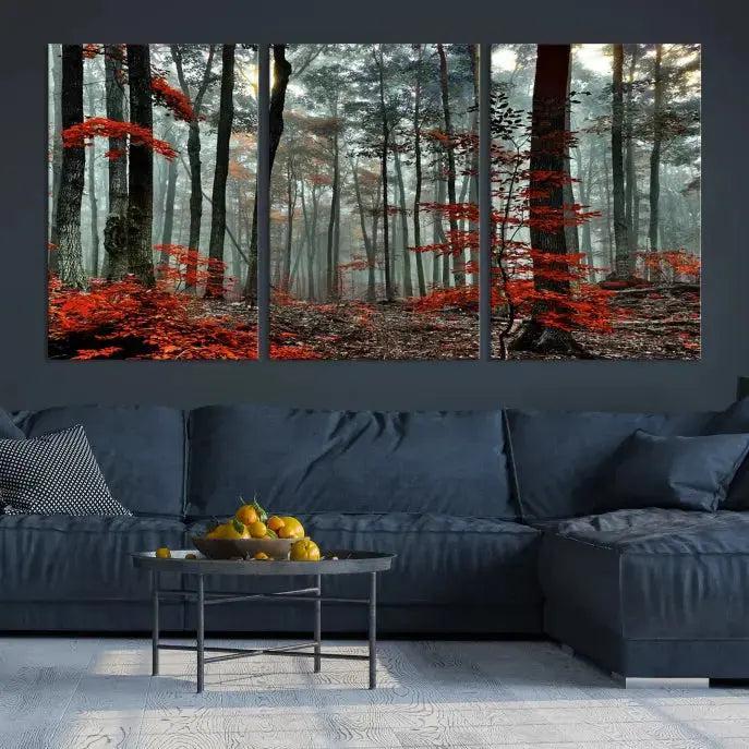 Red Autumn Forest Maple Trees Canvas Wall Art Print