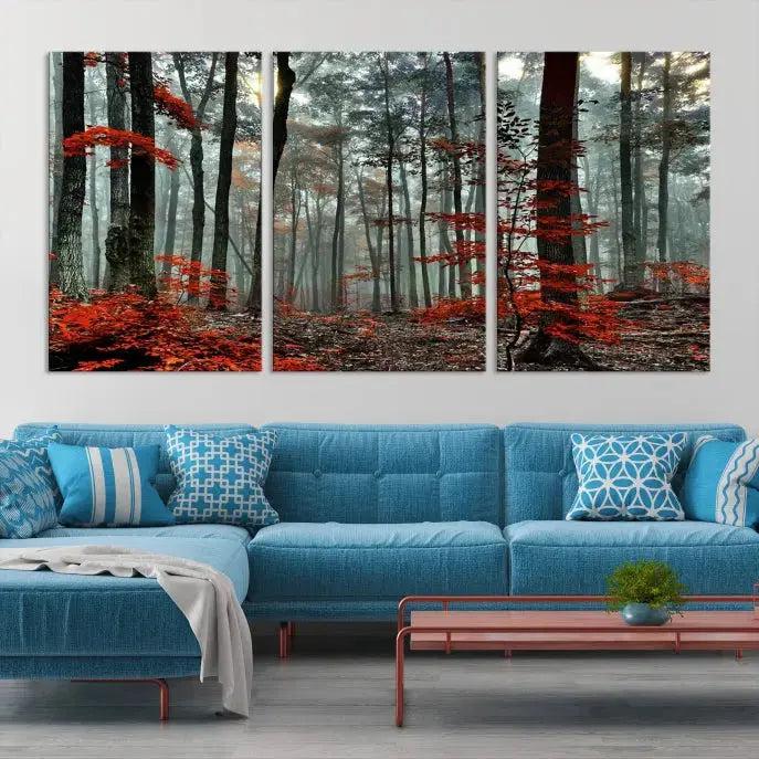 Red Autumn Forest Maple Trees Canvas Wall Art Print