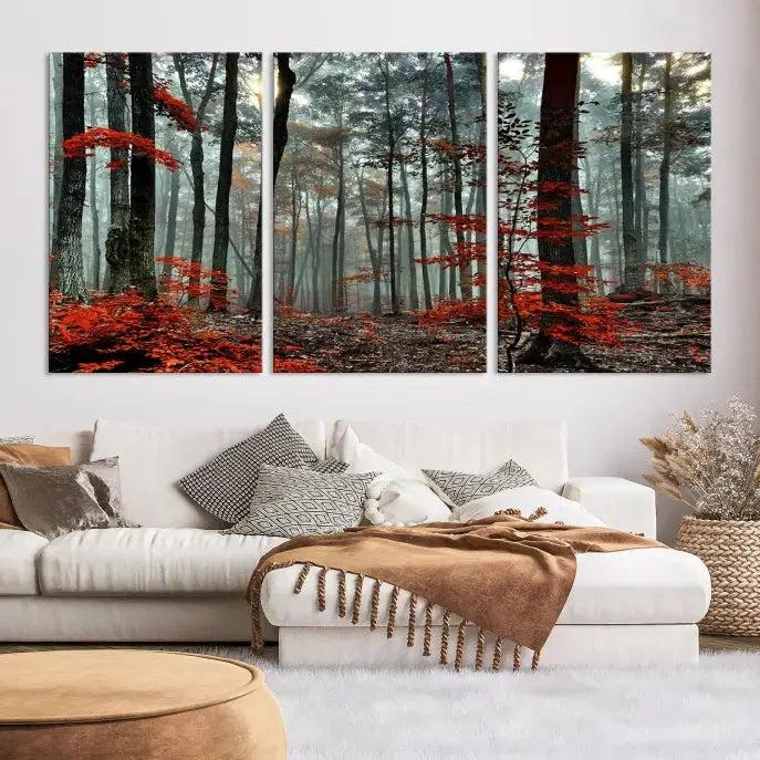 Red Autumn Forest Maple Trees Canvas Wall Art Print